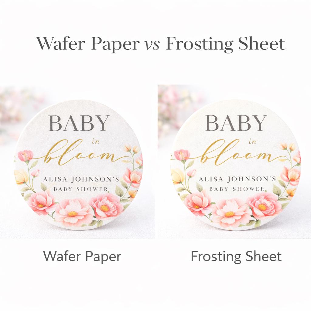 Baby in Bloom Baby Shower Cupcakes with Flowers in Vibrant Colors Available in Wafer Paper or Frosting Sheet comparison as to which is the right solution for your baby shower
