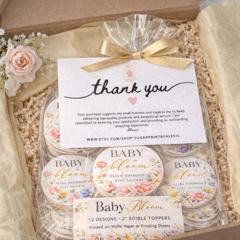 Baby In Bloom Edible Cupcake Toppers perfect for any baby shower. Garden party or garden tea baby shower. Available in Wafer Paper or Frosting Sheets, Set of 12