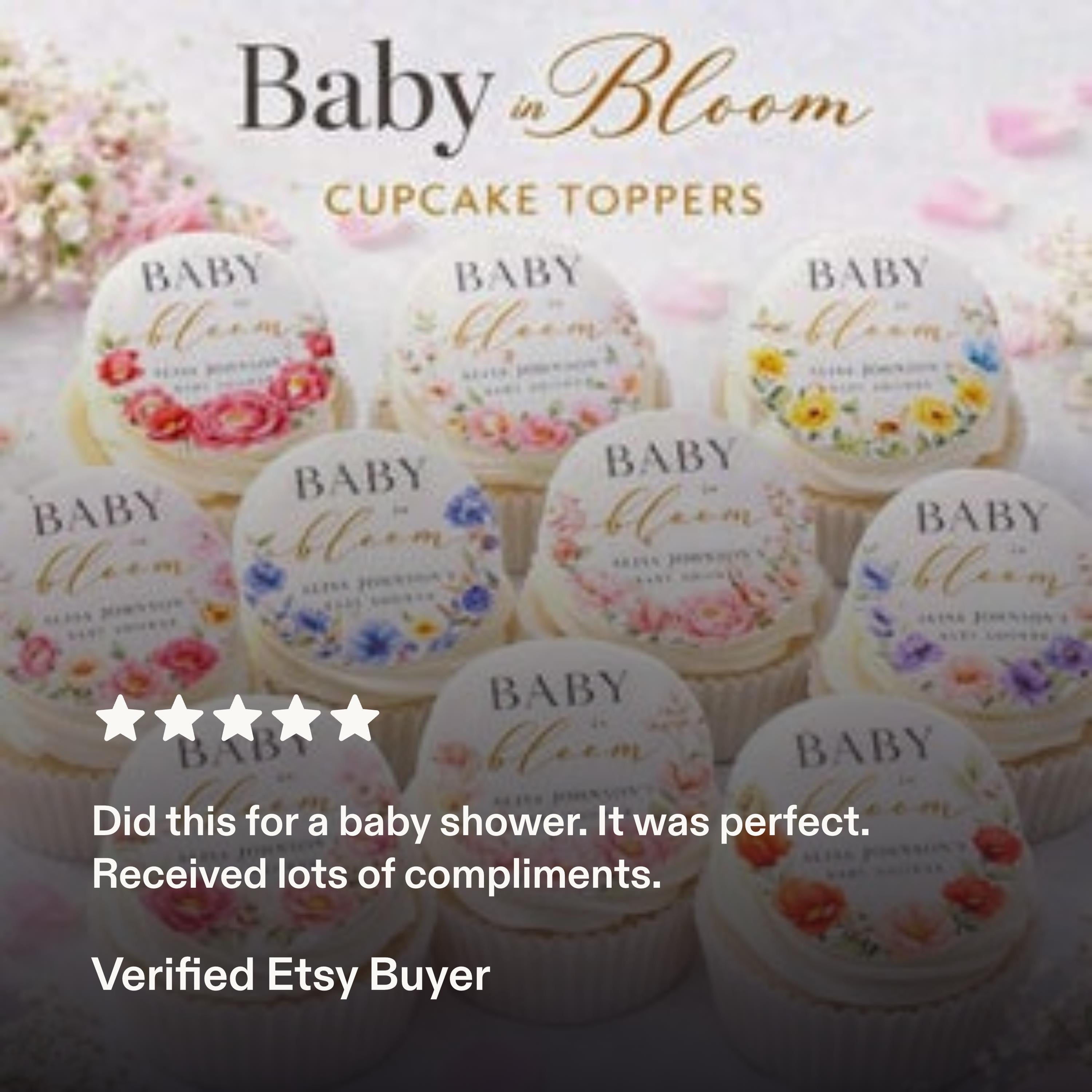 Baby in Bloom Baby Shower Cupcakes with Flowers in Vibrant Colors 2" Size reference