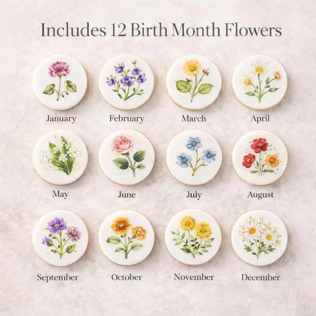 Birth month flower cupcake topper by SugarPrints on edible wafer paper or icing sheet, featuring colorful flower designs for cupcakes.