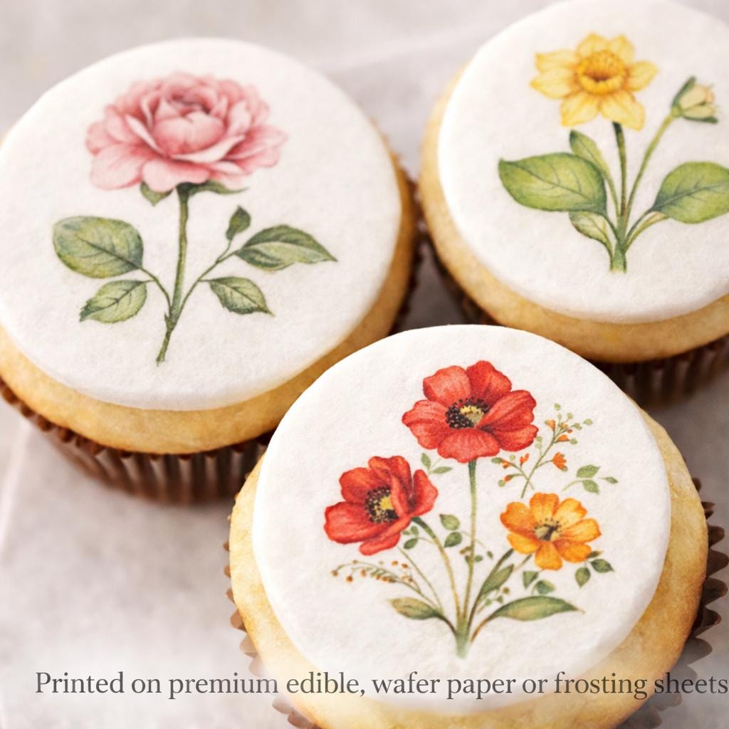 Birth month flower cupcake topper made of edible wafer paper or icing sheet by SugarPrints by Alexis, decorated with colorful flower design.