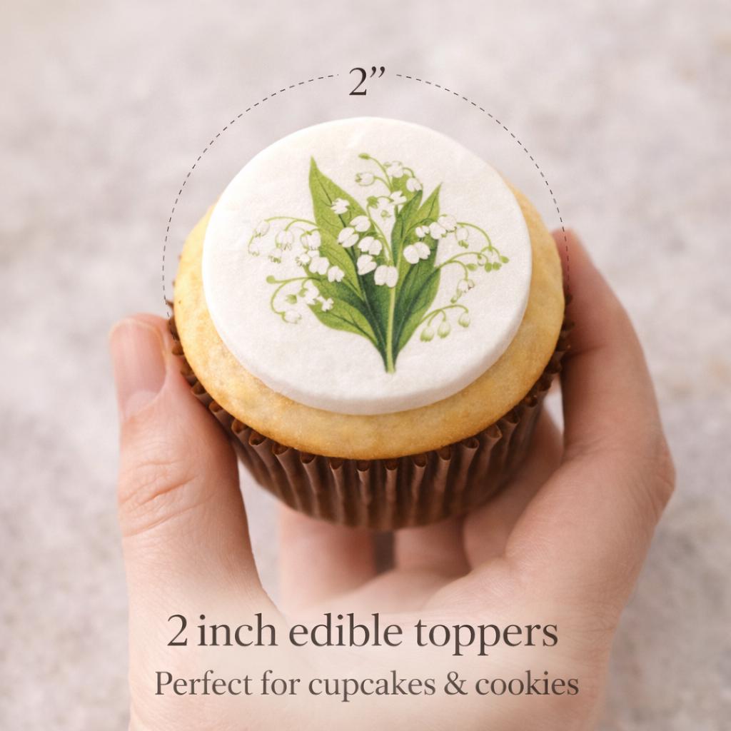 Birth month flower cupcake topper by SugarPrints on edible wafer paper or icing sheet, featuring colorful floral designs.