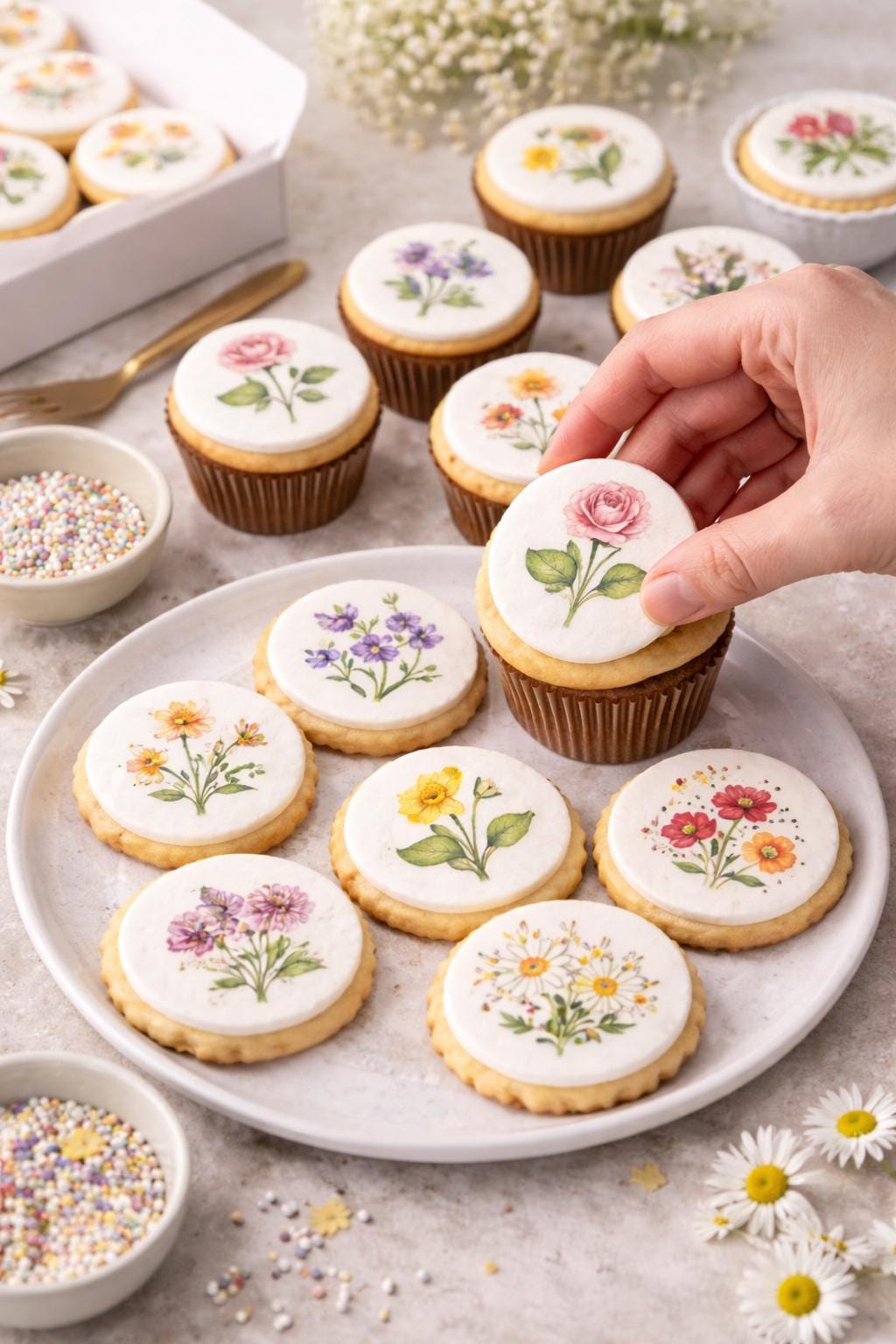 Birth month flower cupcake topper from SugarPrints by Alexis, made of edible wafer paper or icing sheet, decorated with colorful flower design.
