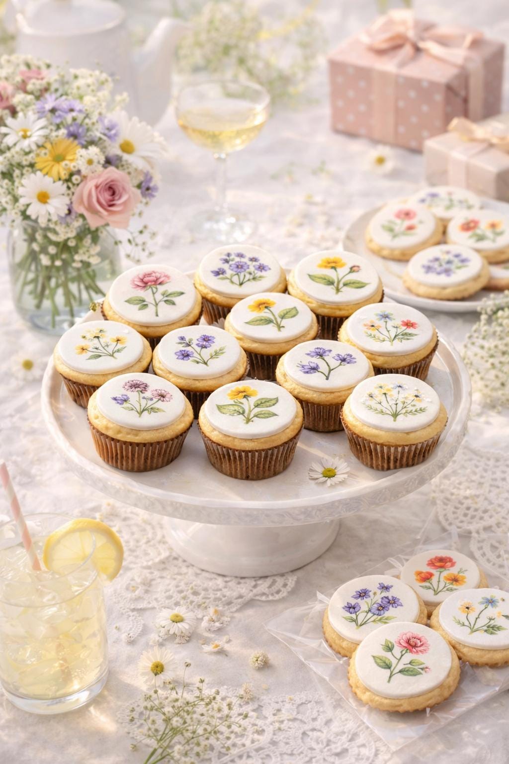 Edible wafer paper cupcake topper featuring a birth month flower design by SugarPrints by Alexis on a decorated cupcake