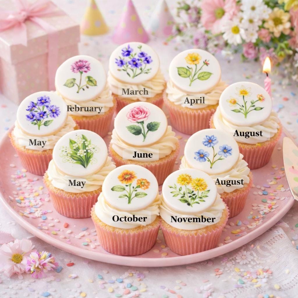 Birth month flower cupcake topper by SugarPrints on edible wafer paper or icing sheet, featuring detailed flower designs.