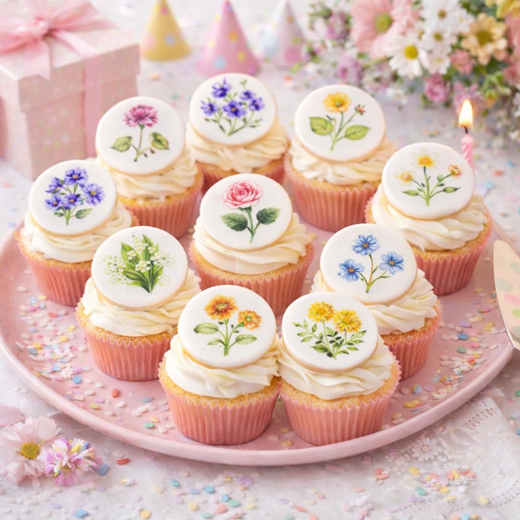 Birth month flower cupcake topper made of edible wafer paper or icing sheet by SugarPrints by Alexis, featuring vibrant floral design.
