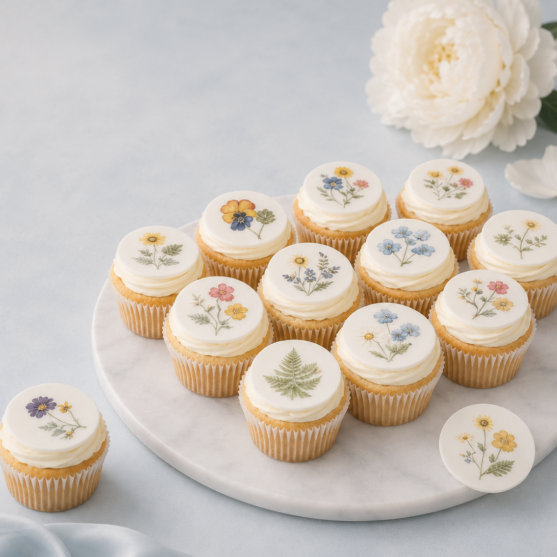 Set of 12 edible pressed wildflower cupcake toppers for bridal shower, made of wafer paper, decorative cake embellishments.