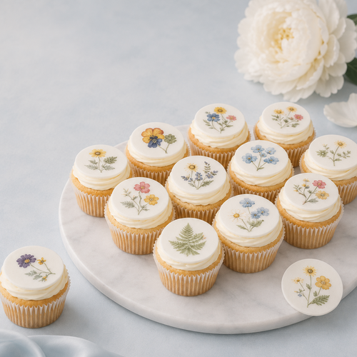 Set of 12 edible pressed wildflower cupcake toppers by SugarPrints for bridal shower decorations on wafer paper.
