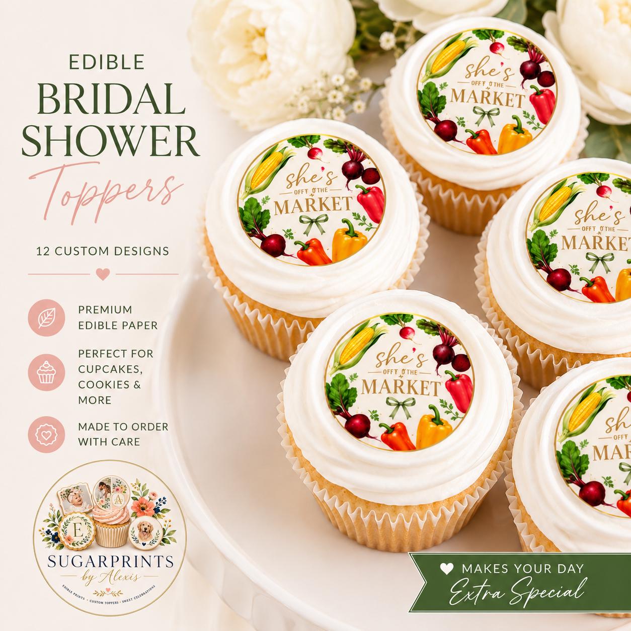 Set of 12 bridal shower cupcake toppers by SugarPrints, featuring "She's Off The Market" edible wafer paper decorations.
