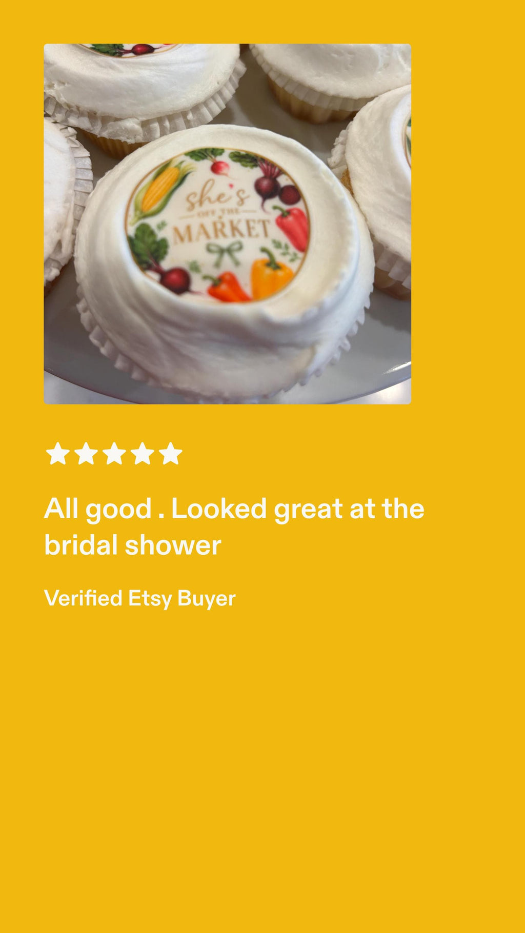 Set of 12 bridal shower cupcake toppers by SugarPrints on edible wafer paper, featuring "She's Off The Market" design.