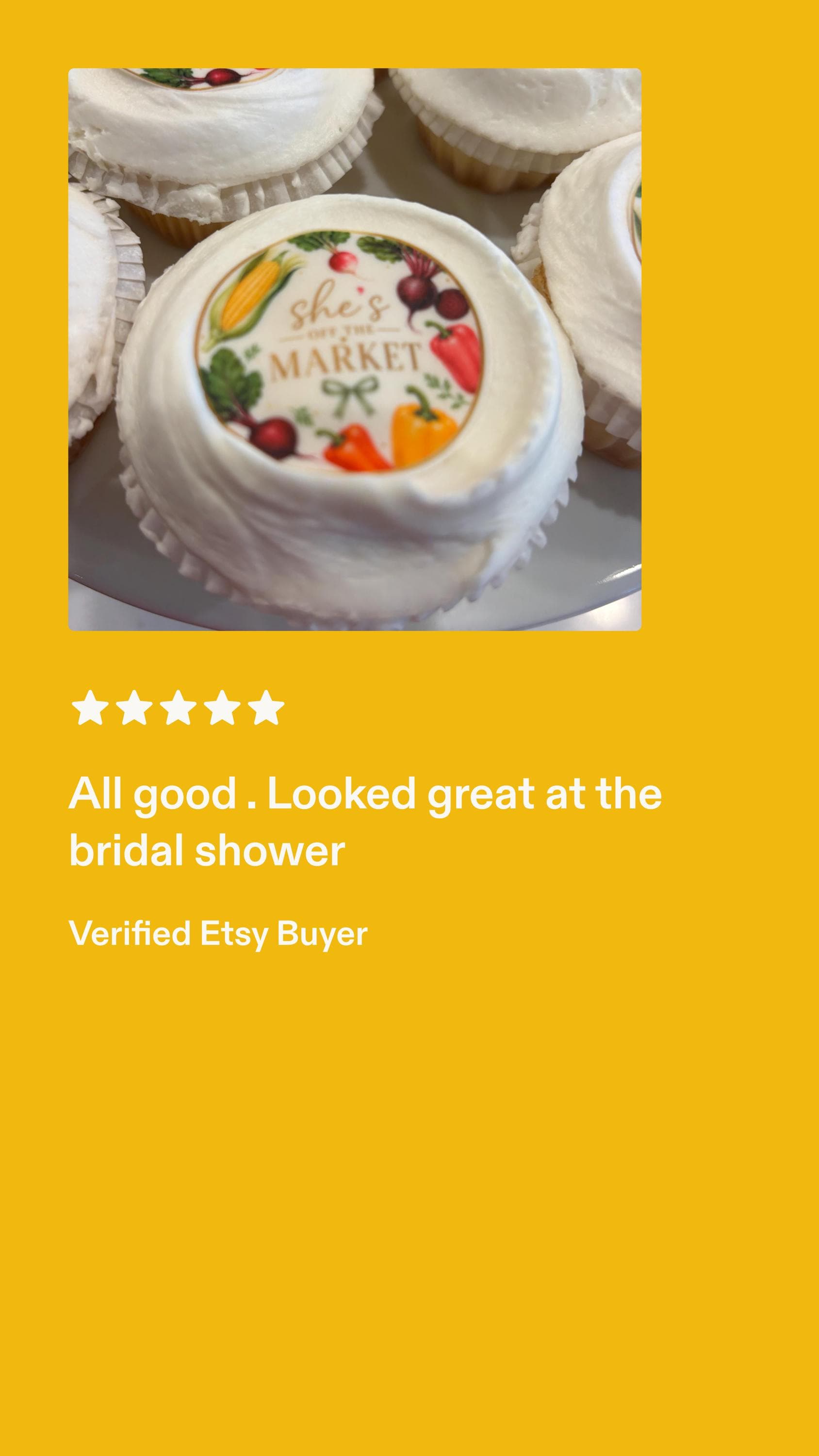 Set of 12 bridal shower cupcake toppers by SugarPrints on edible wafer paper, featuring "She's Off The Market" design.