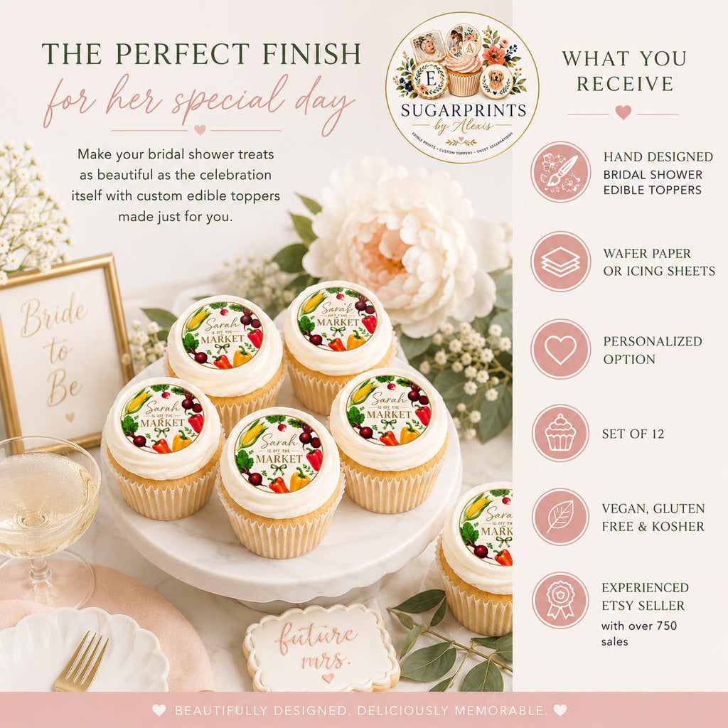 Set of 12 bridal shower cupcake toppers by SugarPrints on edible wafer paper, "She’s Off The Market" design for celebration.