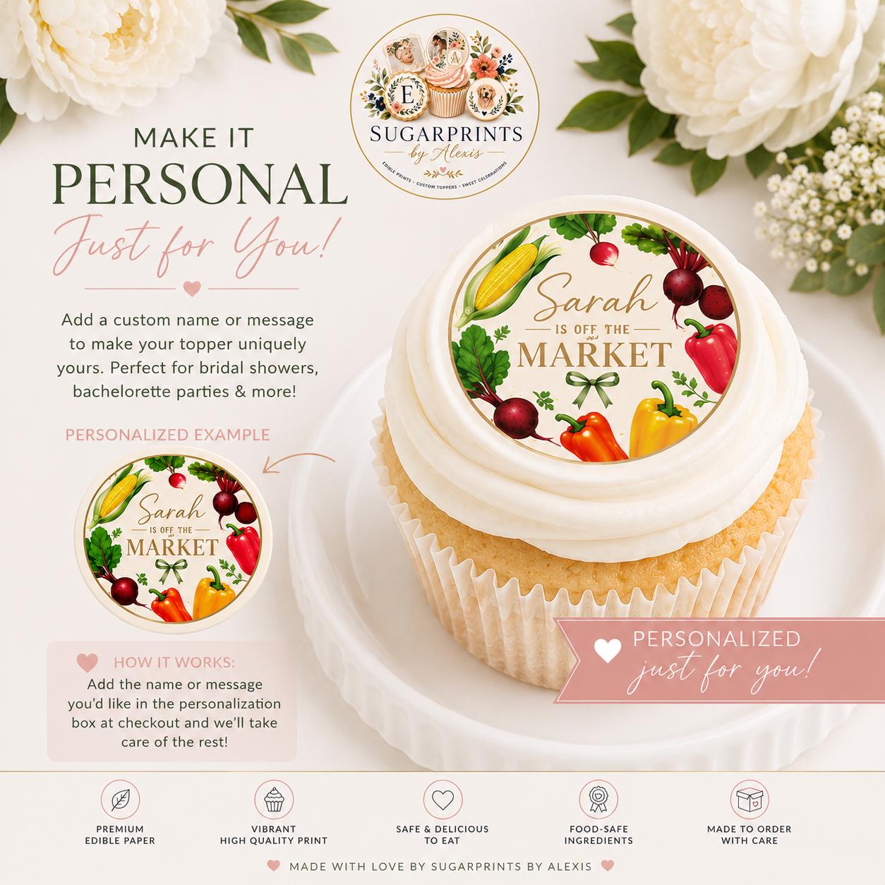 Set of 12 bridal shower cupcake toppers by SugarPrints, featuring "She's Off The Market" edible wafer paper decorations.