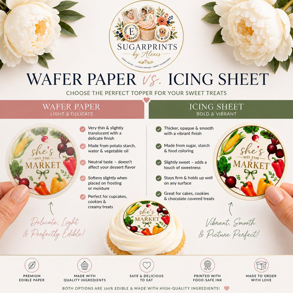 Set of 12 bridal shower cupcake toppers by SugarPrints, featuring edible wafer paper with "She's Off The Market" design.