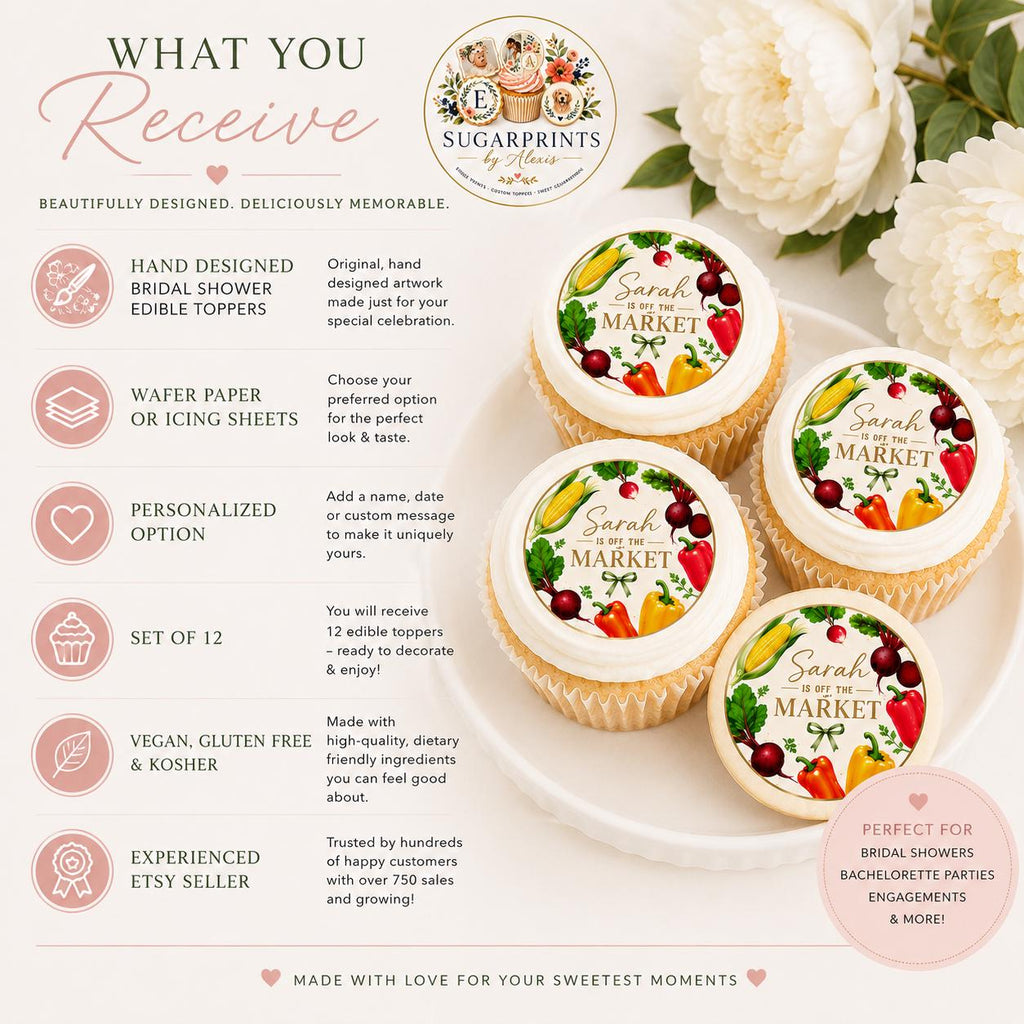 Set of 12 bridal shower cupcake toppers by SugarPrints, featuring edible wafer paper with "She's Off The Market" design.