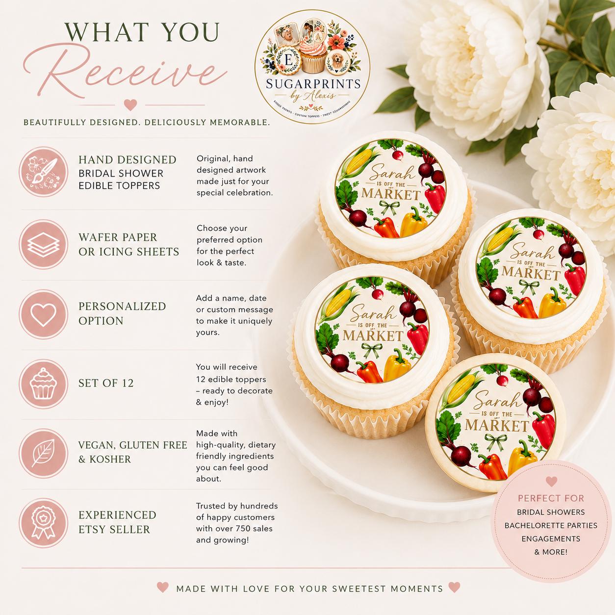 Set of 12 bridal shower cupcake toppers by SugarPrints, featuring edible wafer paper with "She's Off The Market" design.