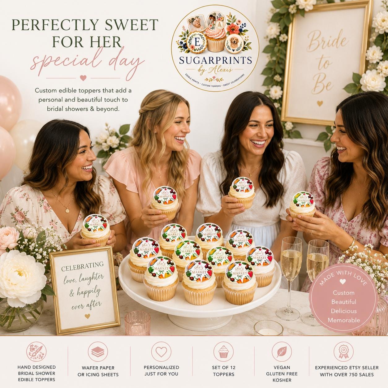 Set of 12 bridal shower cupcake toppers made from edible wafer paper by SugarPrints by Alexis, featuring "She's Off The Market" design.