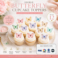 Set of 12 Butterfly Garden Party cupcake toppers by SugarPrints on edible wafer paper or frosting sheet, featuring colorful butterfly designs.