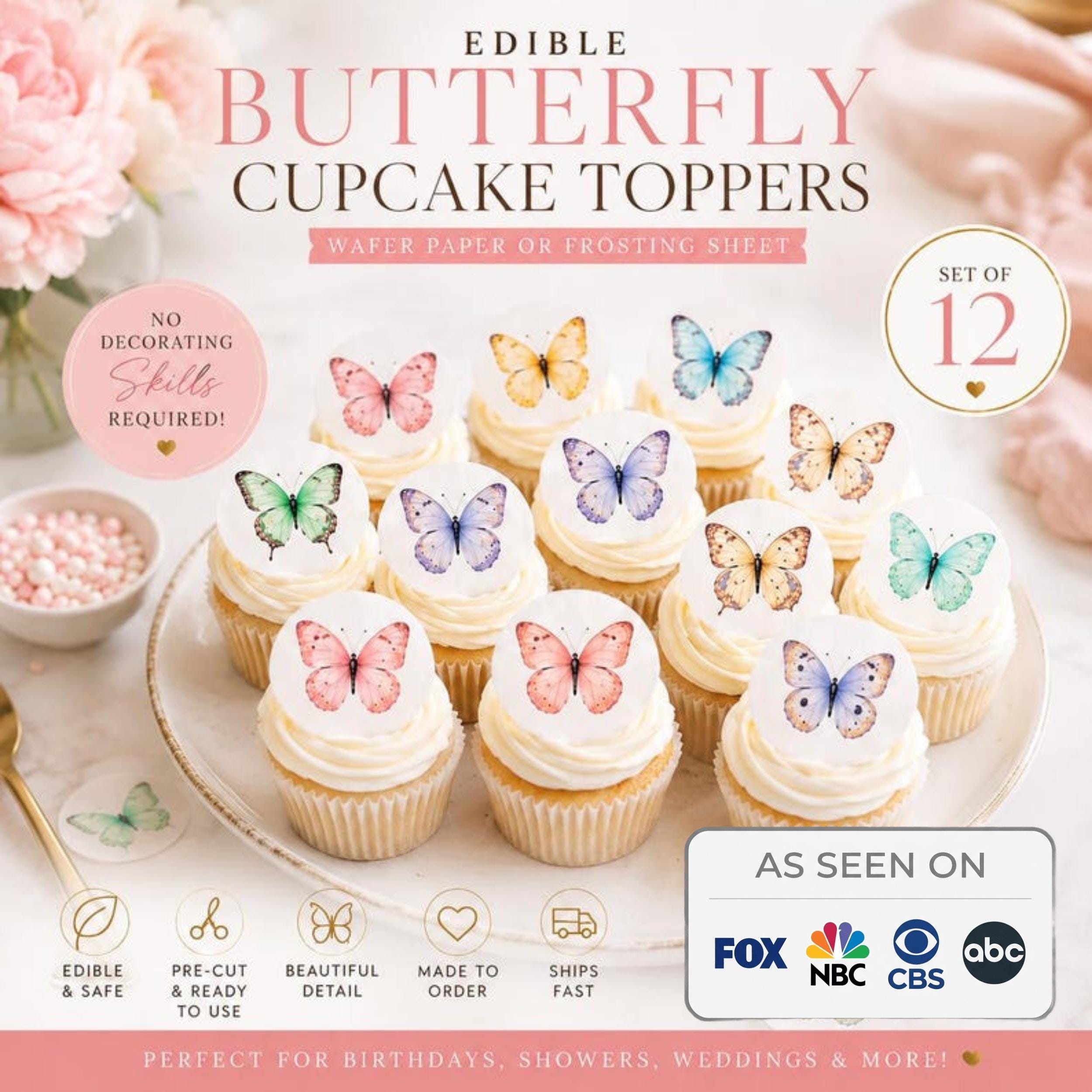 Set of 12 Butterfly Garden Party cupcake toppers by SugarPrints on edible wafer paper or frosting sheet, featuring colorful butterfly designs.