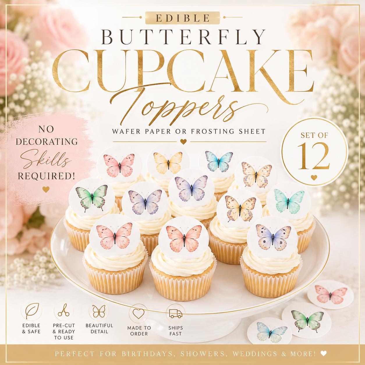 Set of 12 butterfly garden cupcake toppers on edible wafer paper by SugarPrints for decorating cupcakes.