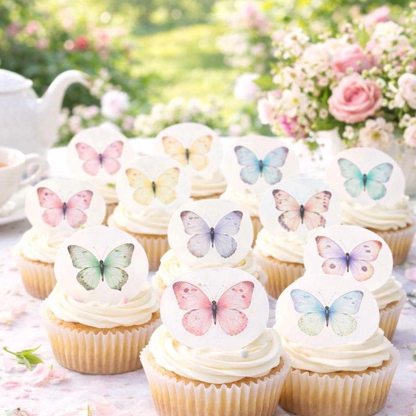 Set of 12 edible butterfly cupcake toppers made from wafer paper or frosting sheet, perfect for garden party desserts.