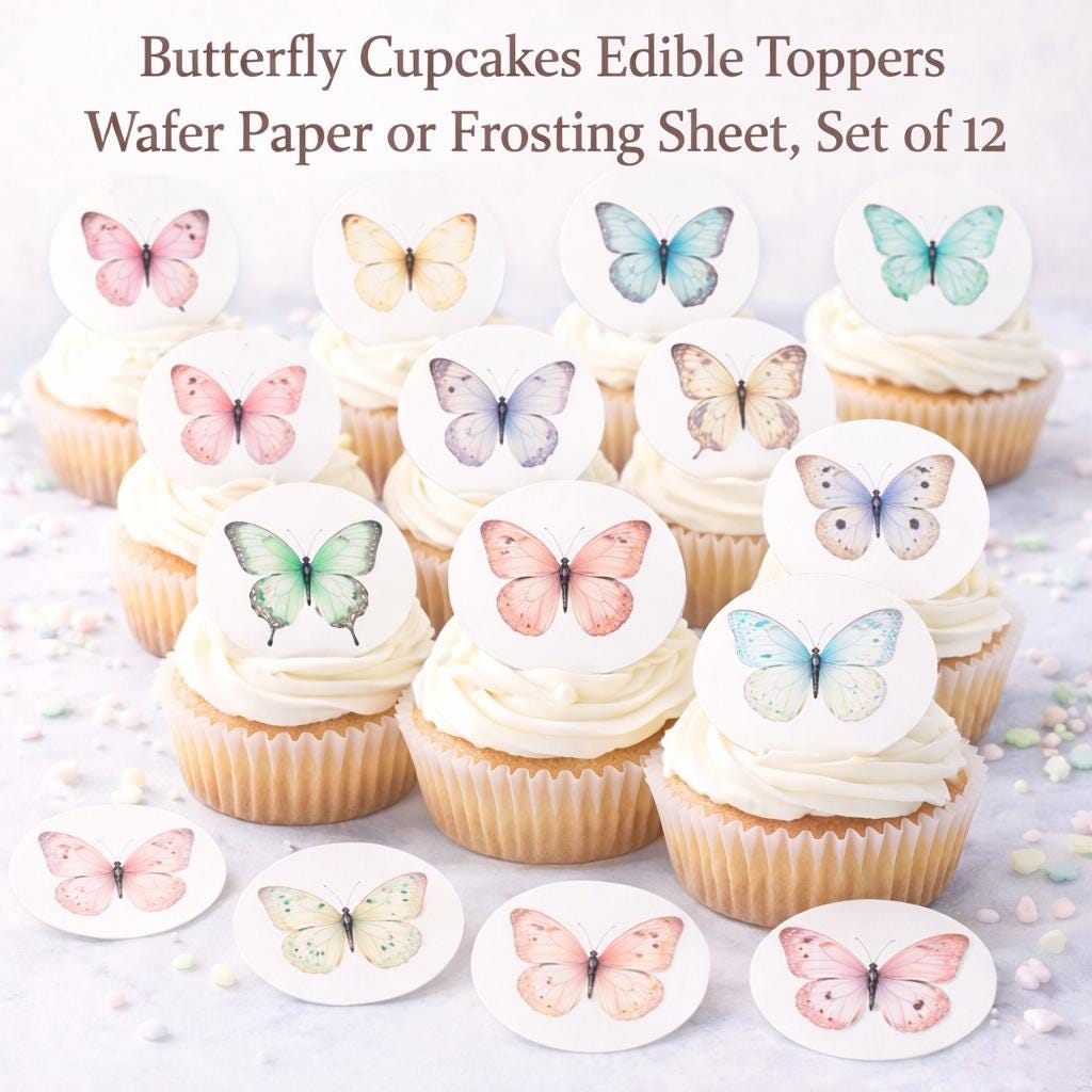 Set of 12 butterfly garden-themed cupcake toppers by SugarPrints on edible wafer paper or frosting sheet for cupcakes.