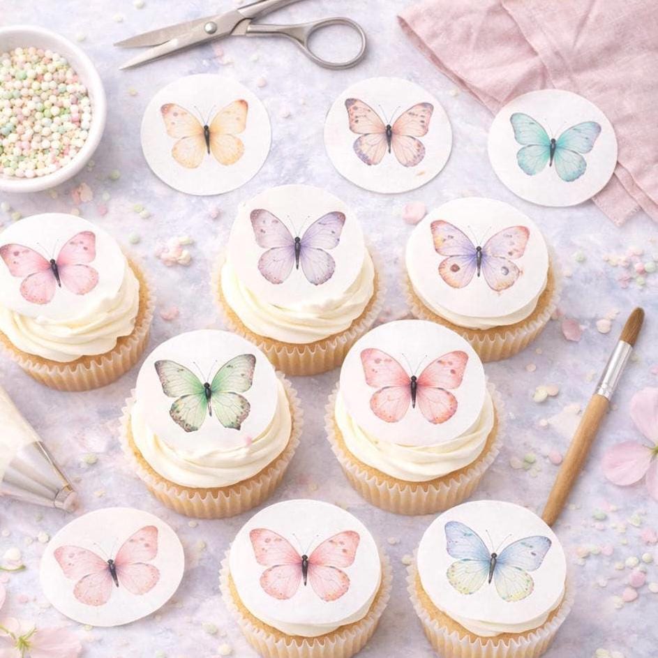 Set of 12 edible butterfly garden cupcake toppers on wafer paper by SugarPrints for festive baking decoration.