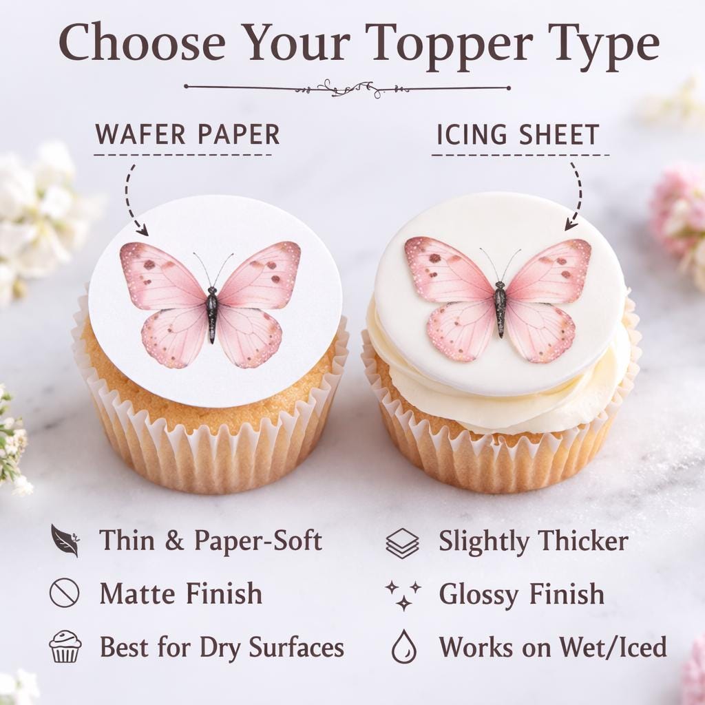 Set of 12 butterfly garden-themed cupcake toppers by SugarPrints on edible wafer paper or frosting sheet, perfect for party treats.
