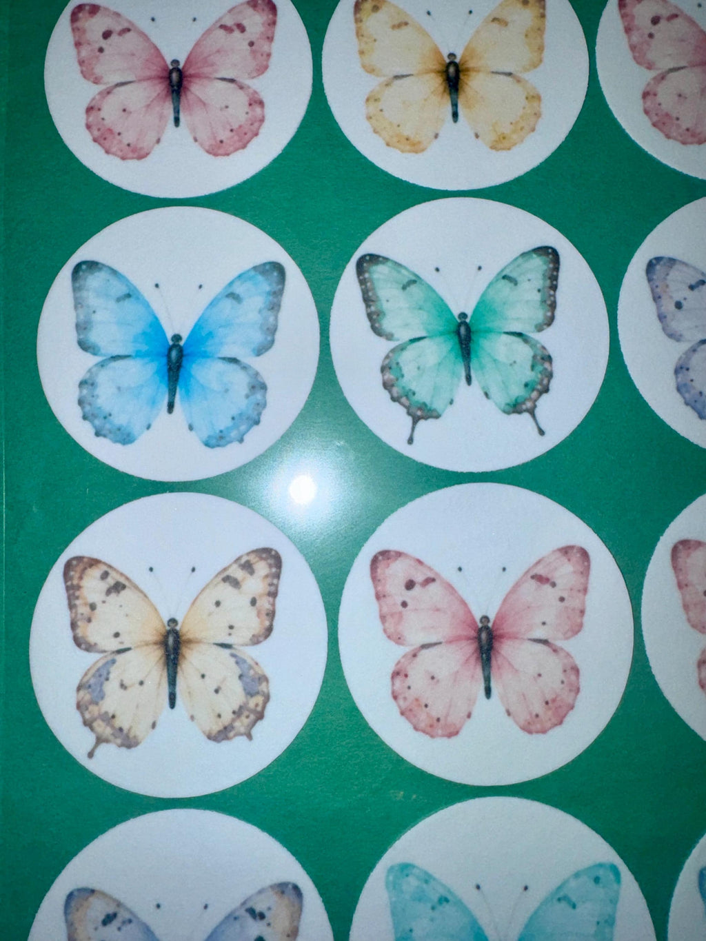 Set of 12 Butterfly Garden Party cupcake toppers by SugarPrints, made of edible wafer paper or frosting sheet, featuring butterfly designs.