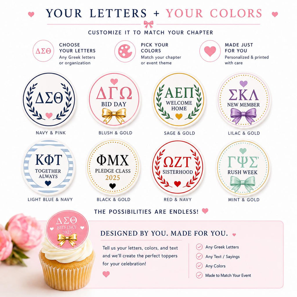Custom sorority and fraternity cupcake topper by SugarPrints, featuring edible Greek letters for Bid Day decorations.