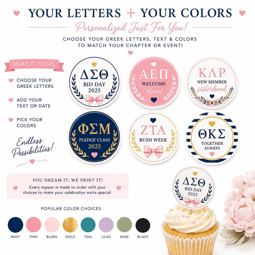 Custom sorority and fraternity cupcake topper by SugarPrints, featuring edible Greek letters for Bid Day decorations.