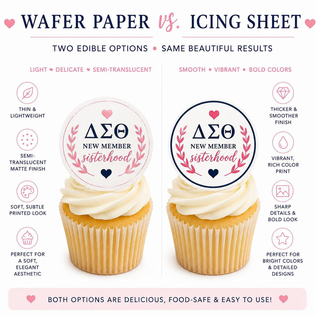 Custom sorority and fraternity cupcake topper by SugarPrints, featuring edible Greek letter bid day decorations on wafer paper.