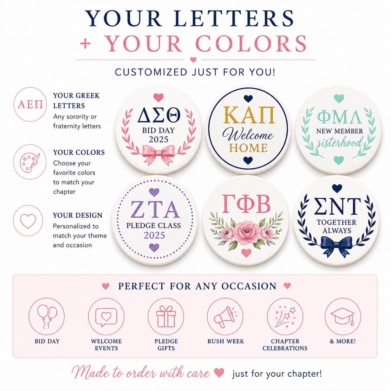 Edible Greek letter cupcake topper from SugarPrints by Alexis, custom sorority and fraternity Bid Day dessert decoration.