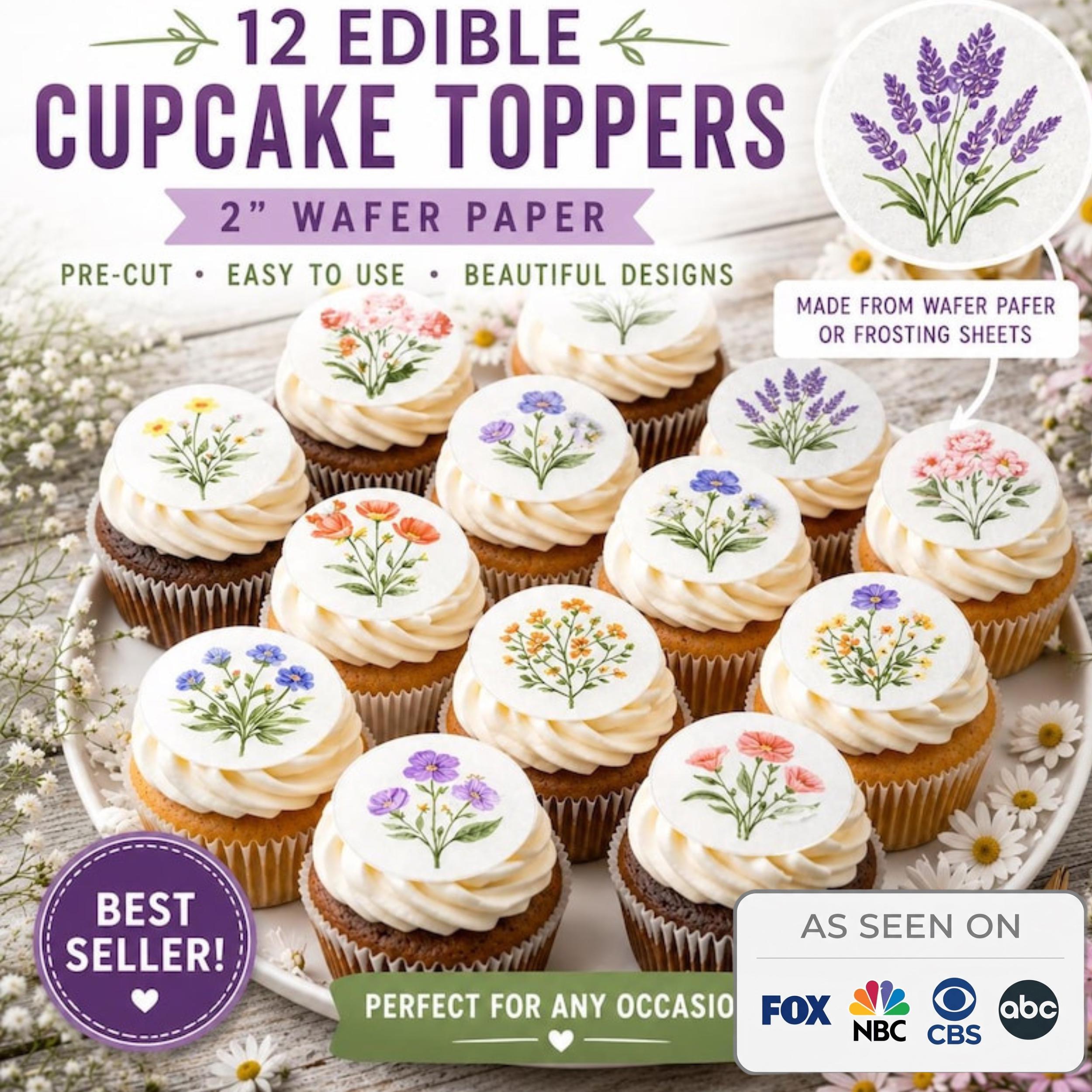 Set of 12 edible cupcake toppers featuring wildflower designs on wafer paper or icing sheets from SugarPrints by Alexis.