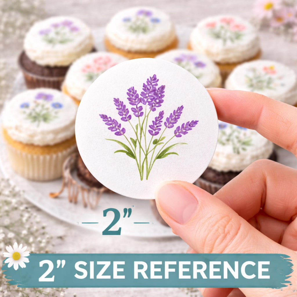 Set of 12 edible wildflower cupcake toppers made from wafer paper or icing sheet, perfect for decorating cakes.
