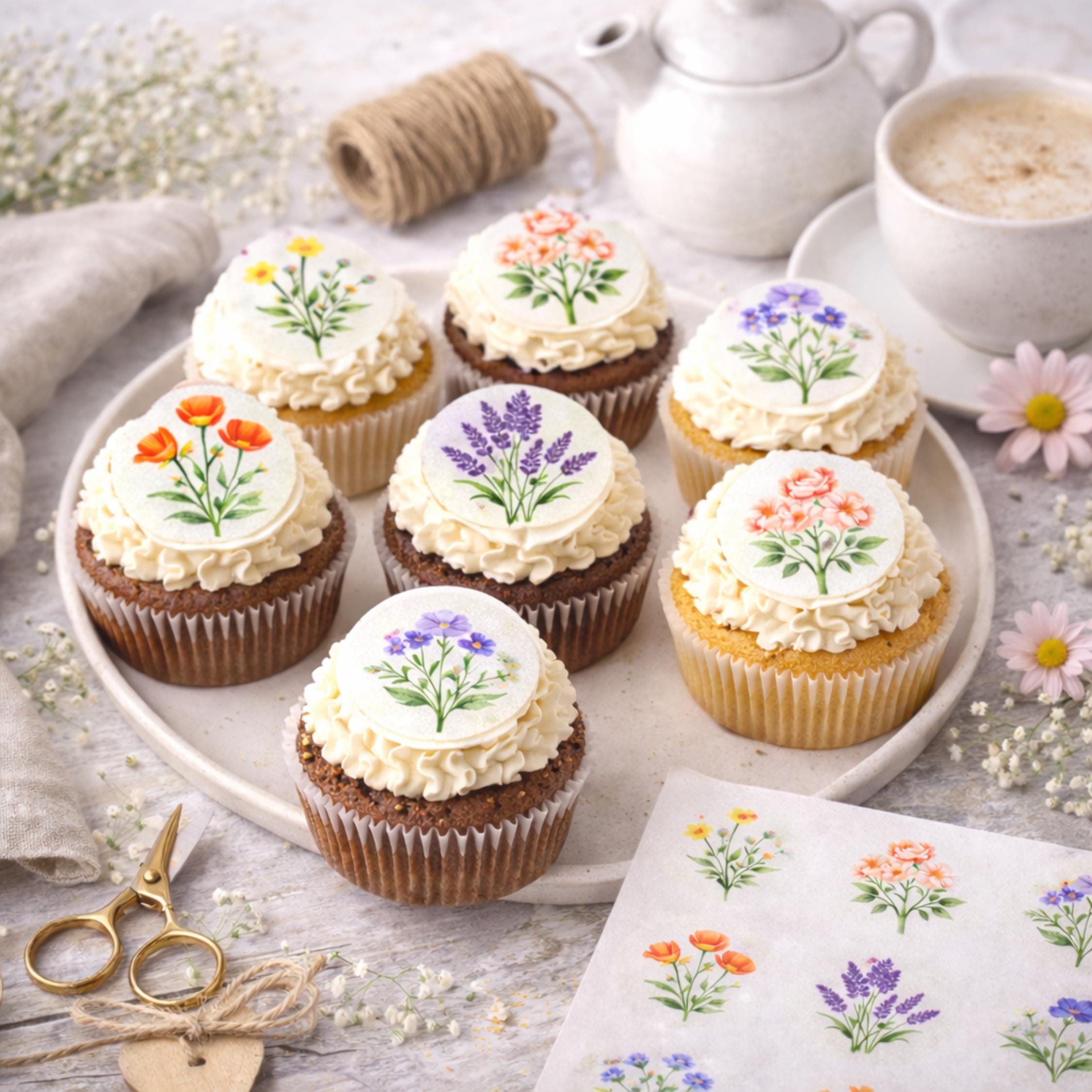 Set of 12 edible cupcake toppers featuring wildflower designs on wafer paper or icing sheet by SugarPrints by Alexis.