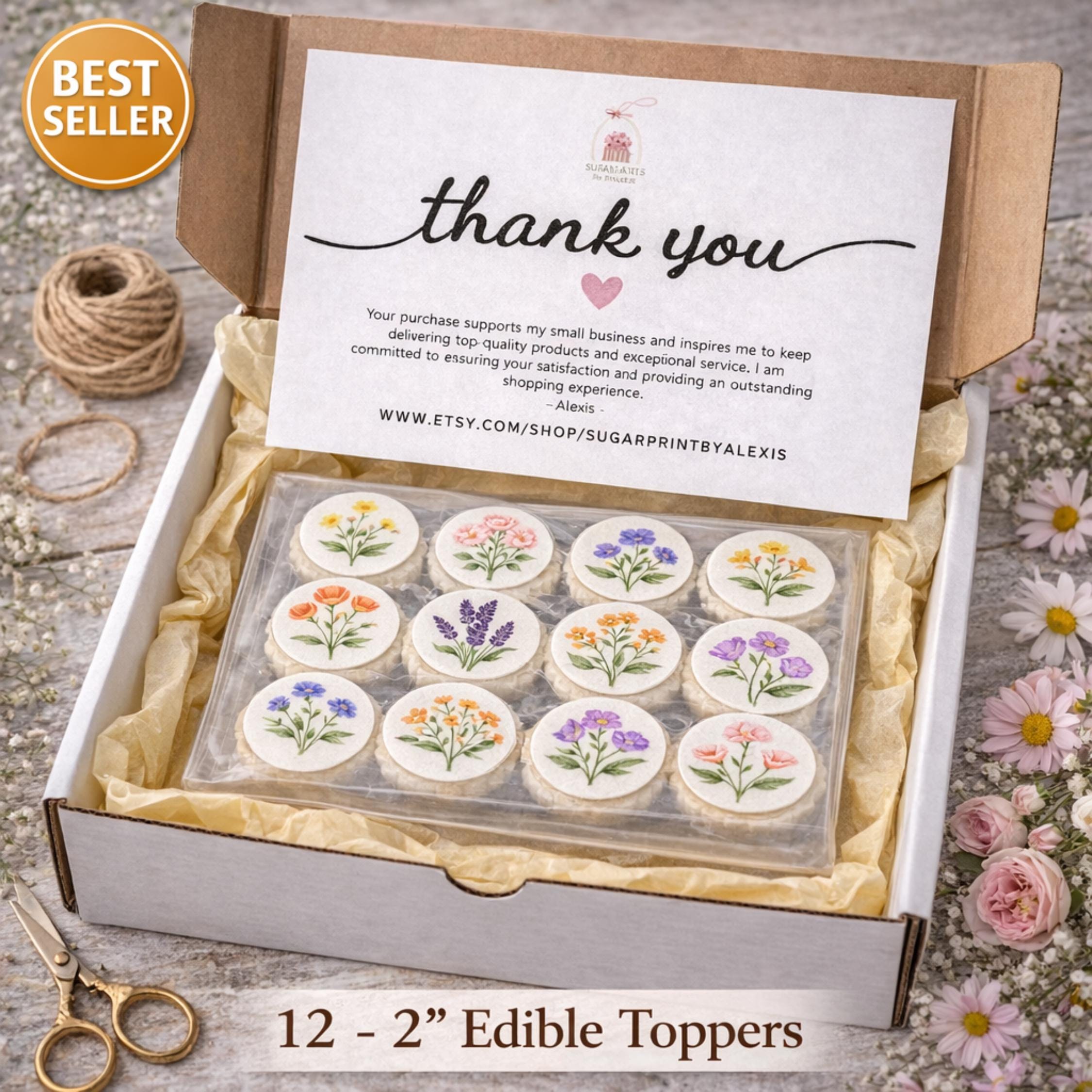 Set of 12 edible cupcake toppers featuring wildflower designs on wafer paper by SugarPrints by Alexis.