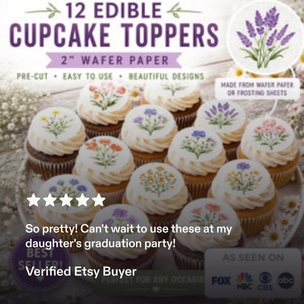 Set of 12 edible cupcake toppers featuring wildflower designs on wafer paper or icing sheets, by SugarPrints by Alexis.