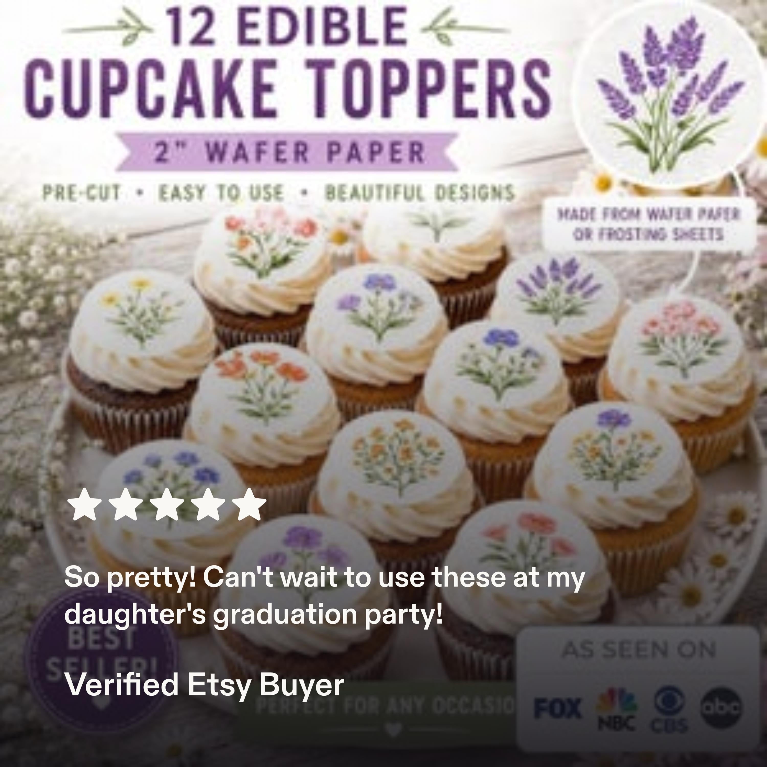 Set of 12 edible cupcake toppers featuring wildflower designs on wafer paper or icing sheets, by SugarPrints by Alexis.
