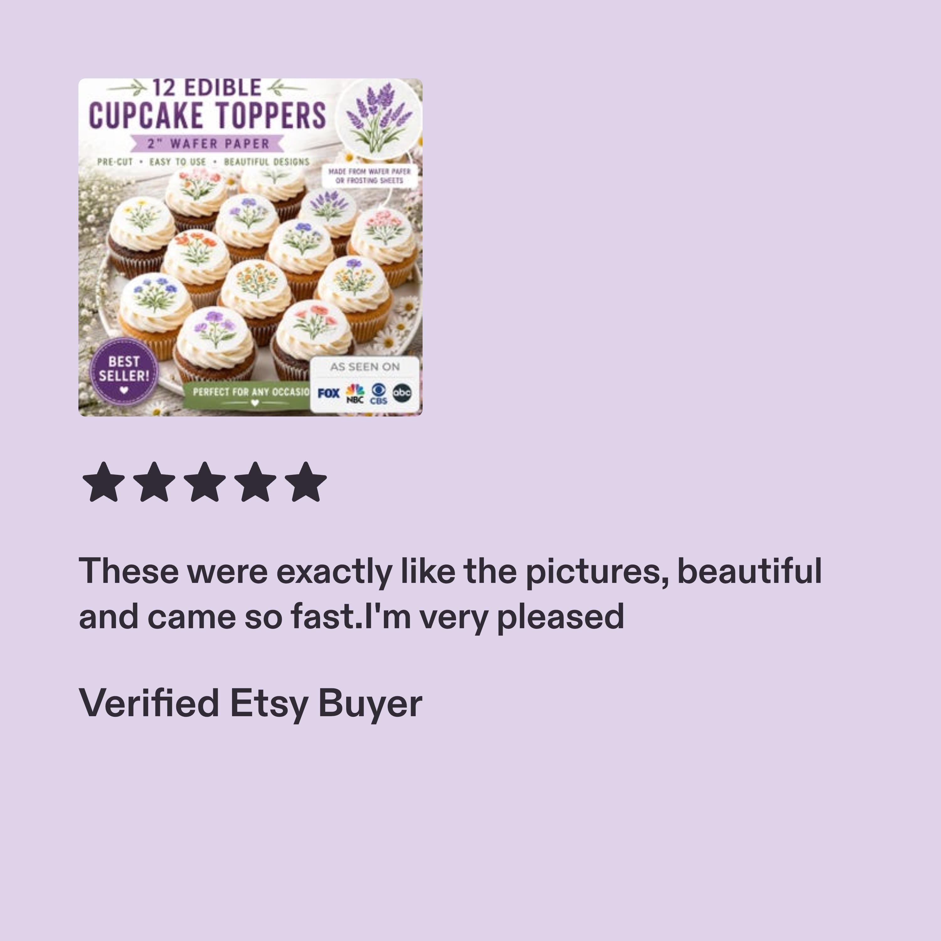 Set of 12 edible cupcake toppers featuring wildflower designs on wafer paper by SugarPrints for cake decoration.