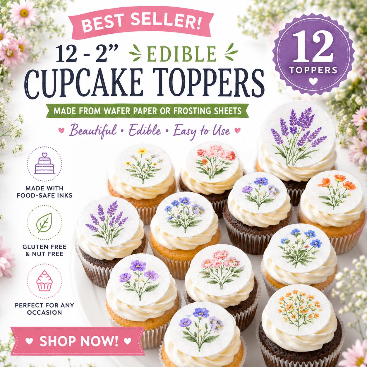 Set of 12 edible cupcake toppers featuring wildflower designs on wafer paper or icing sheets by SugarPrints by Alexis.