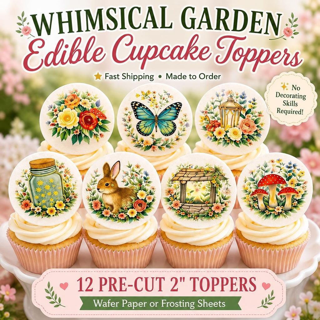 Edible fairy garden mushroom cupcake topper from SugarPrints by Alexis, perfect for woodland birthday party decorations.