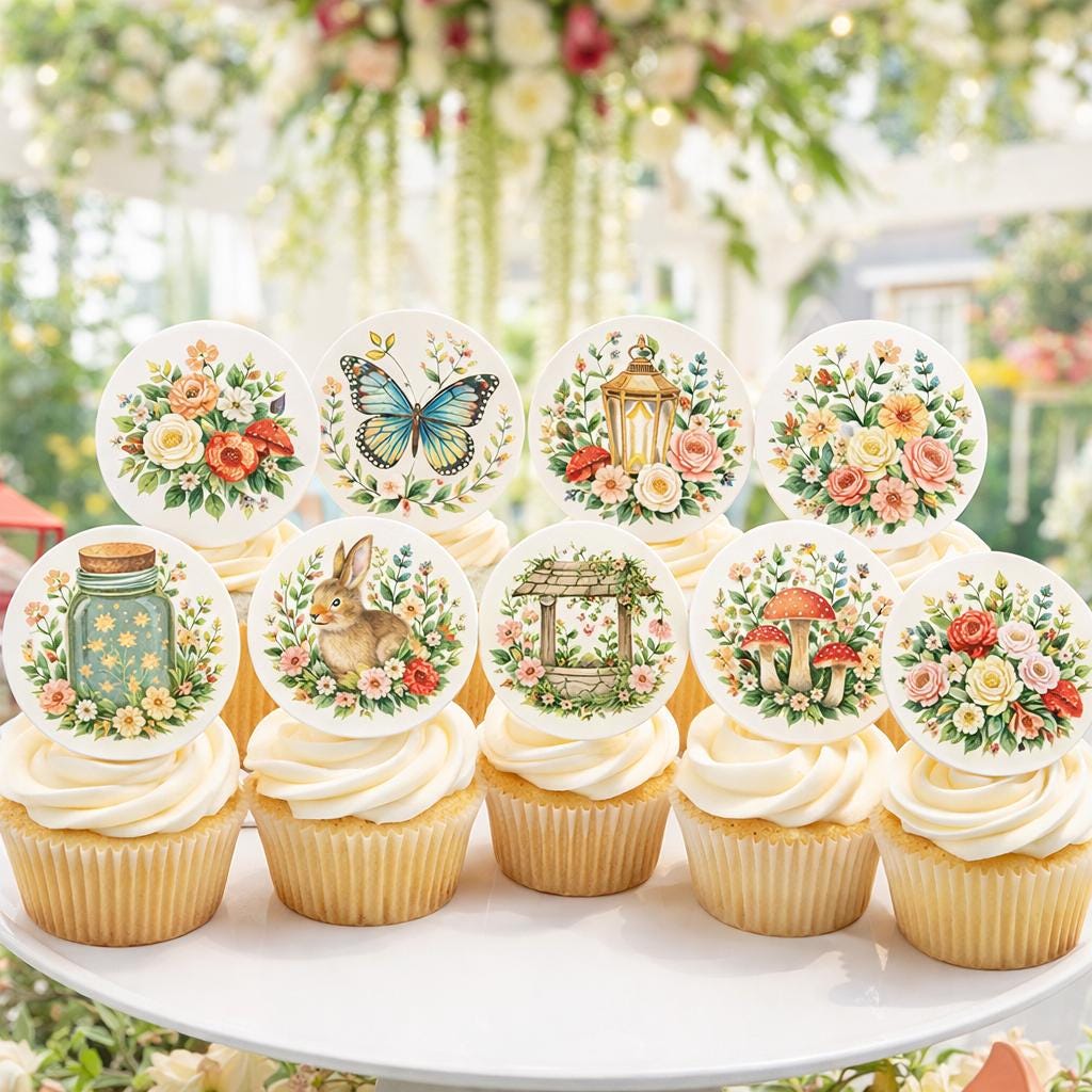 Edible fairy garden mushroom cupcake topper by SugarPrints for woodland birthday party decorations.