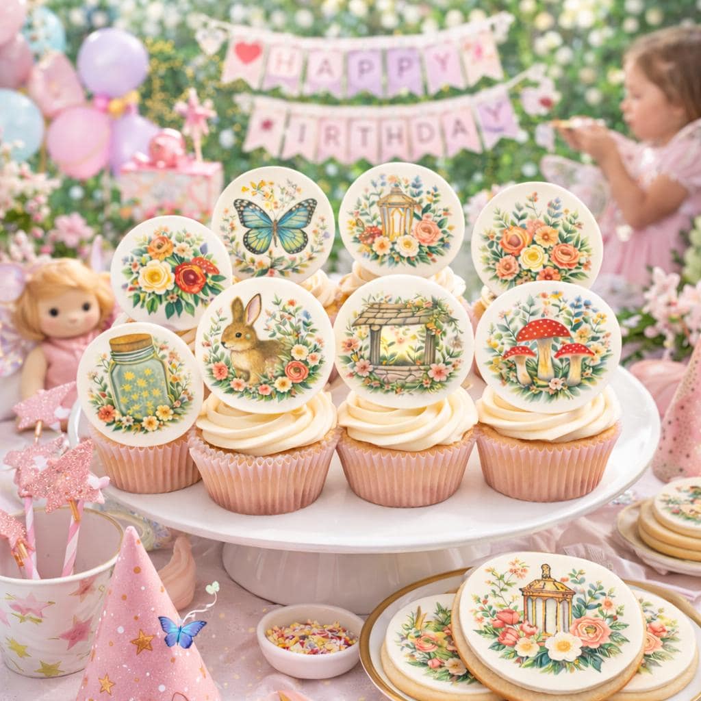 Edible fairy garden mushroom cupcake toppers by SugarPrints for woodland birthday party decorations, featuring wafer paper designs.