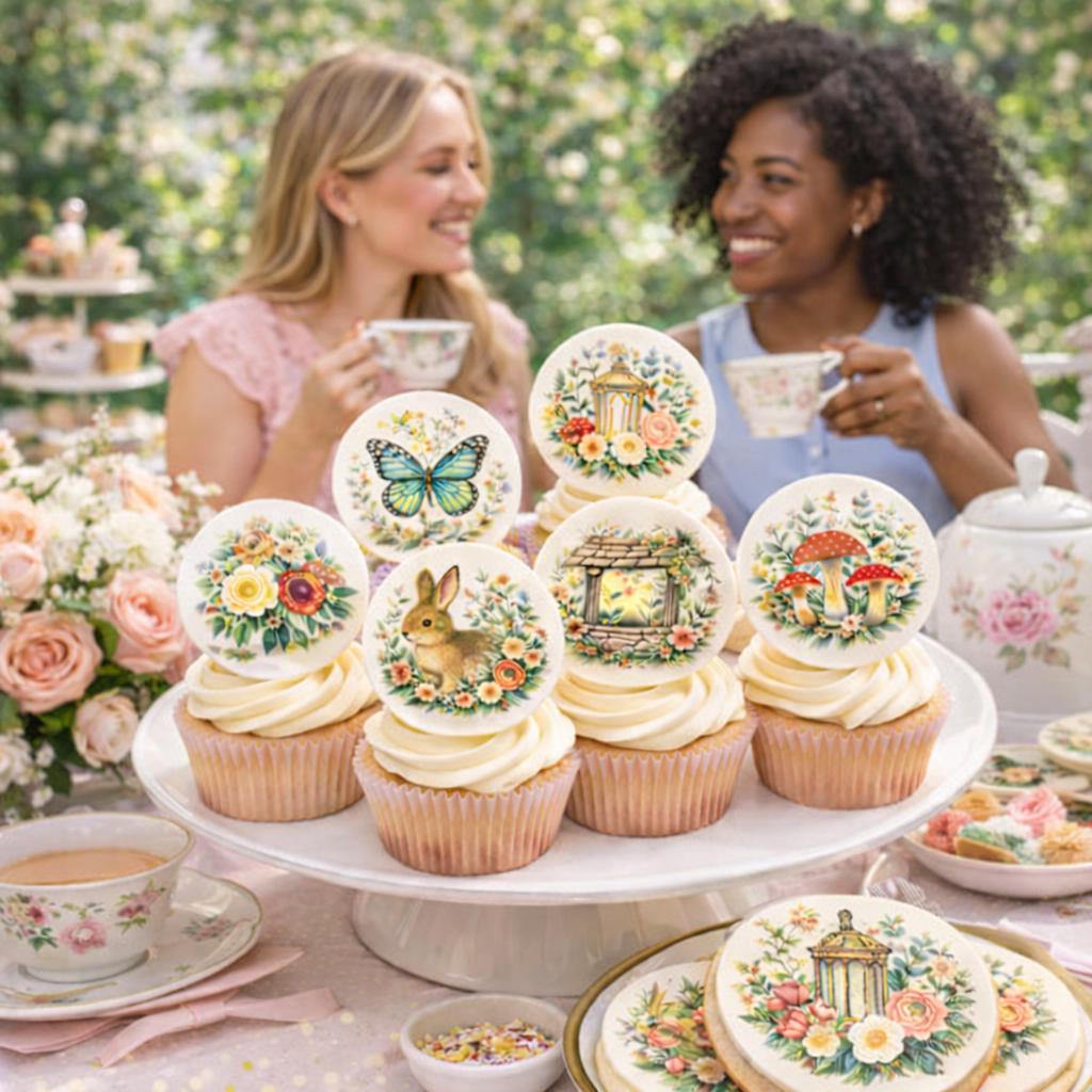 Edible fairy garden mushroom cupcake toppers by SugarPrints by Alexis, featuring woodland-themed wafer paper decorations for birthdays
