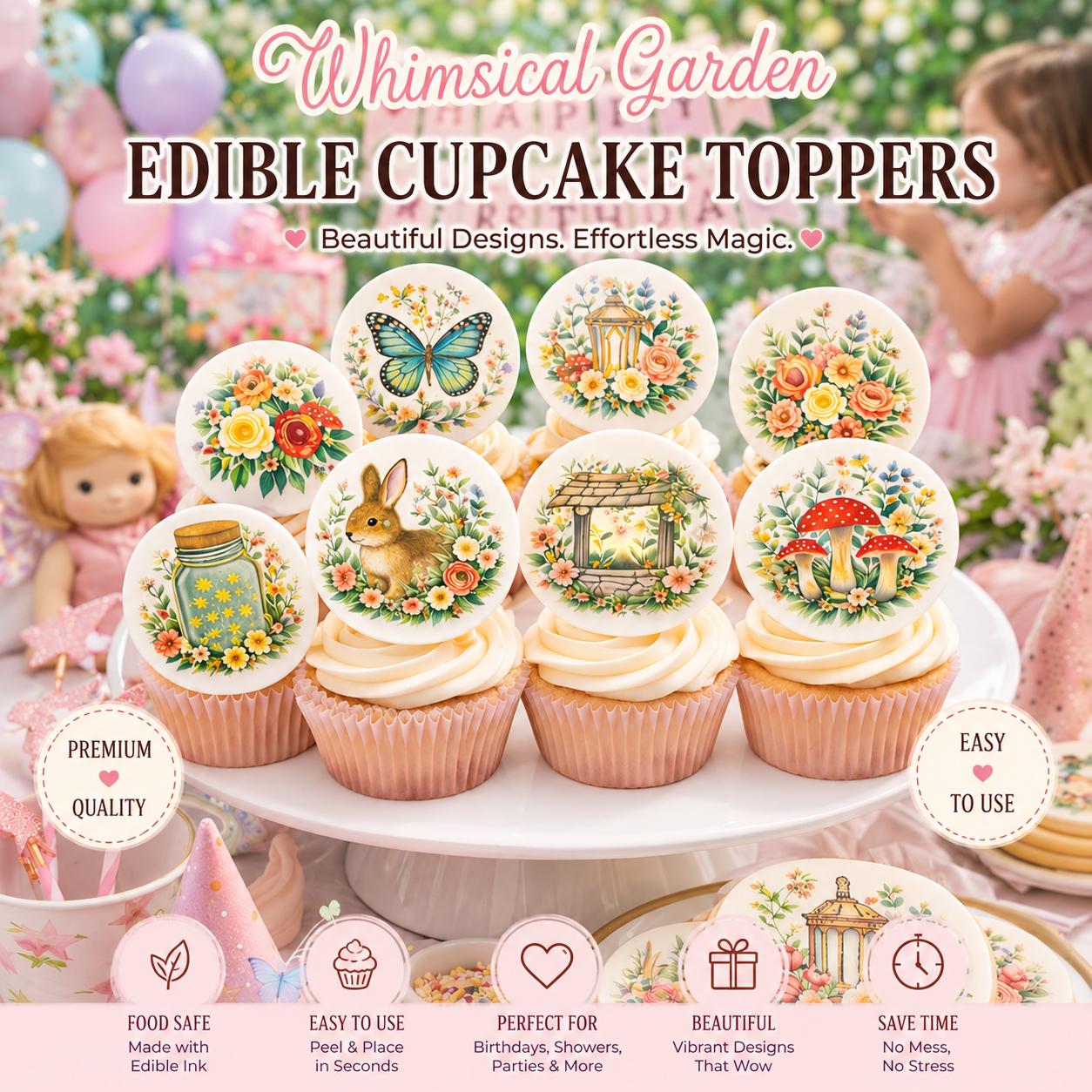 Edible fairy garden mushroom cupcake toppers by SugarPrints for woodland birthday party decorations on wafer paper.
