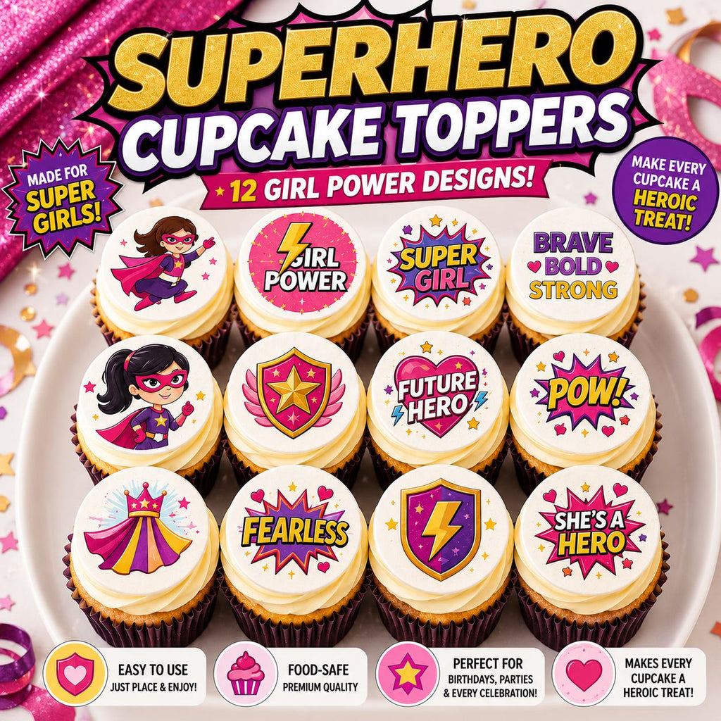 Girl superhero cupcake topper on edible icing sheet, featuring vibrant superhero design for birthday cakes from SugarPrints by Alexis.