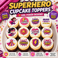 Girl superhero cupcake topper on edible icing sheet, featuring vibrant superhero design for birthday cakes from SugarPrints by Alexis.