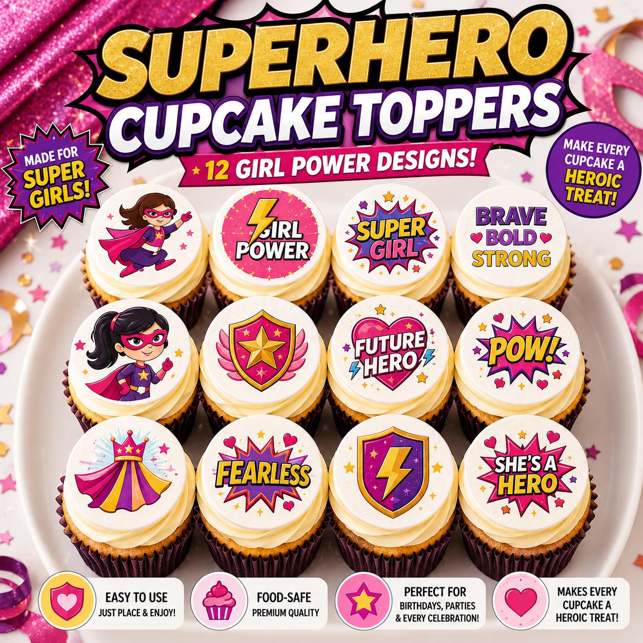 Girl superhero cupcake topper on edible icing sheet, featuring vibrant superhero design for birthday cakes from SugarPrints by Alexis.