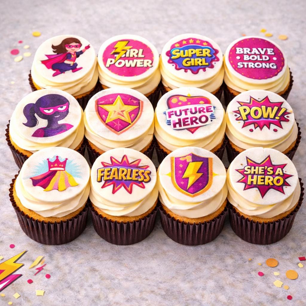 Girl superhero cupcake topper made of edible wafer paper by SugarPrints by Alexis, ideal for birthday celebrations.